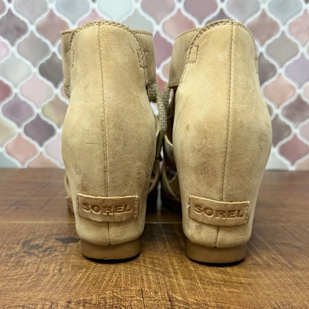 SOREL Joanie Lace Sandal Tan Suede Wedge Heel Open Toe 6